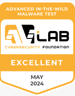 AVLab присвоила сайту Malwarebytes оценку "Отлично" за май 2024 года. Желтый, белый и черный значок награды.