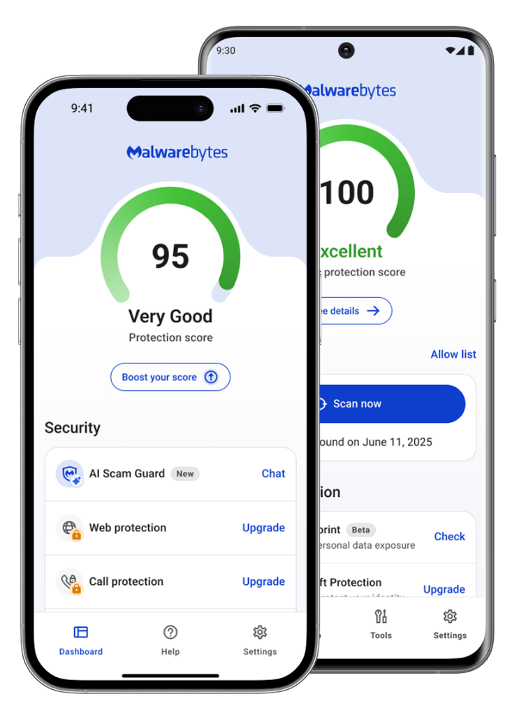 Дашборд мобильного приложения Malwarebytes отображается на двух устройствах: на яблочном iphone и android samsung