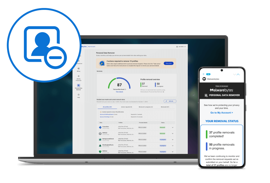Бело-голубой значок программы Malwarebytes Personal Data Remover рядом с ноутбуком и смартфоном, на которых отображается панель Personal Data Remover и оповещения