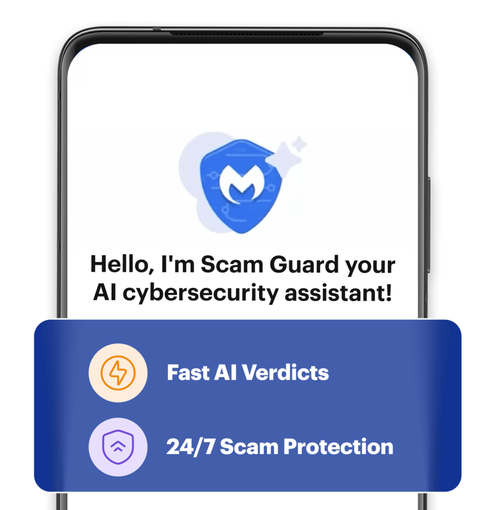 Мобильный телефон с надписью Scam Guard на экране и функциями быстрых вердиктов искусственного интеллекта и круглосуточной защиты от мошенничества