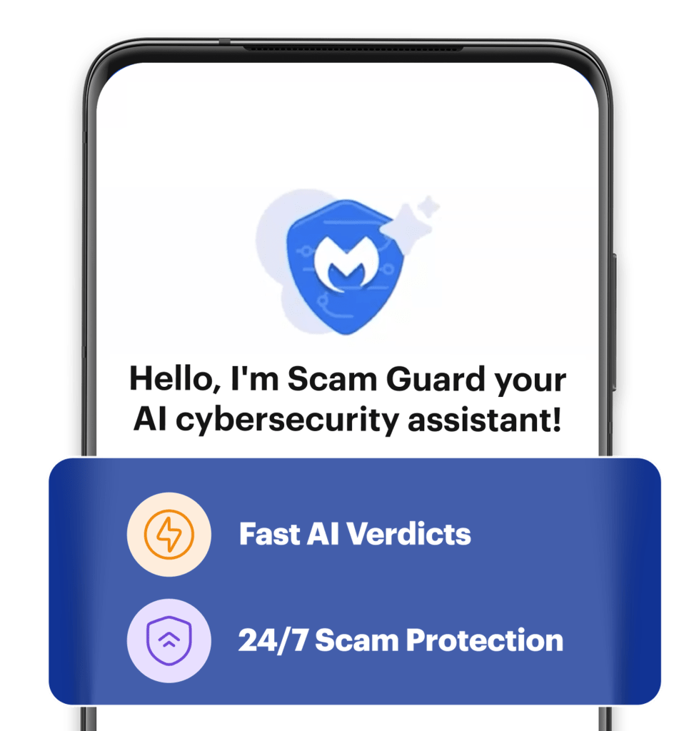 Интерфейс Malwarebytes Scam Guard на мобильном телефоне с баннером функций.
