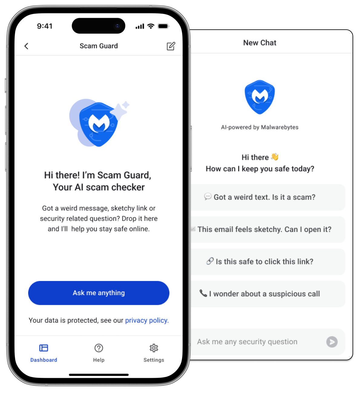 Приборная панель Malwarebytes Mobile app Scam Guard отображается на двух экранах - домашнем экране apple iphone и чата с тонкой черной рамкой